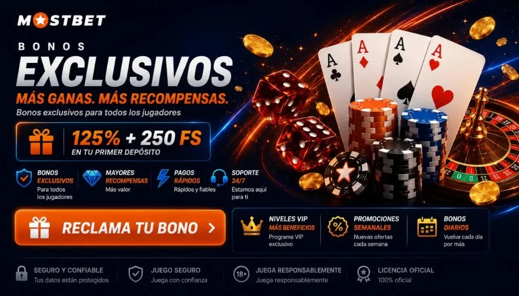 Paquete de bienvenida 125% más 250 tiradas en el primer depósito; recompensas adicionales y cobros ágiles en pesos colombianos.